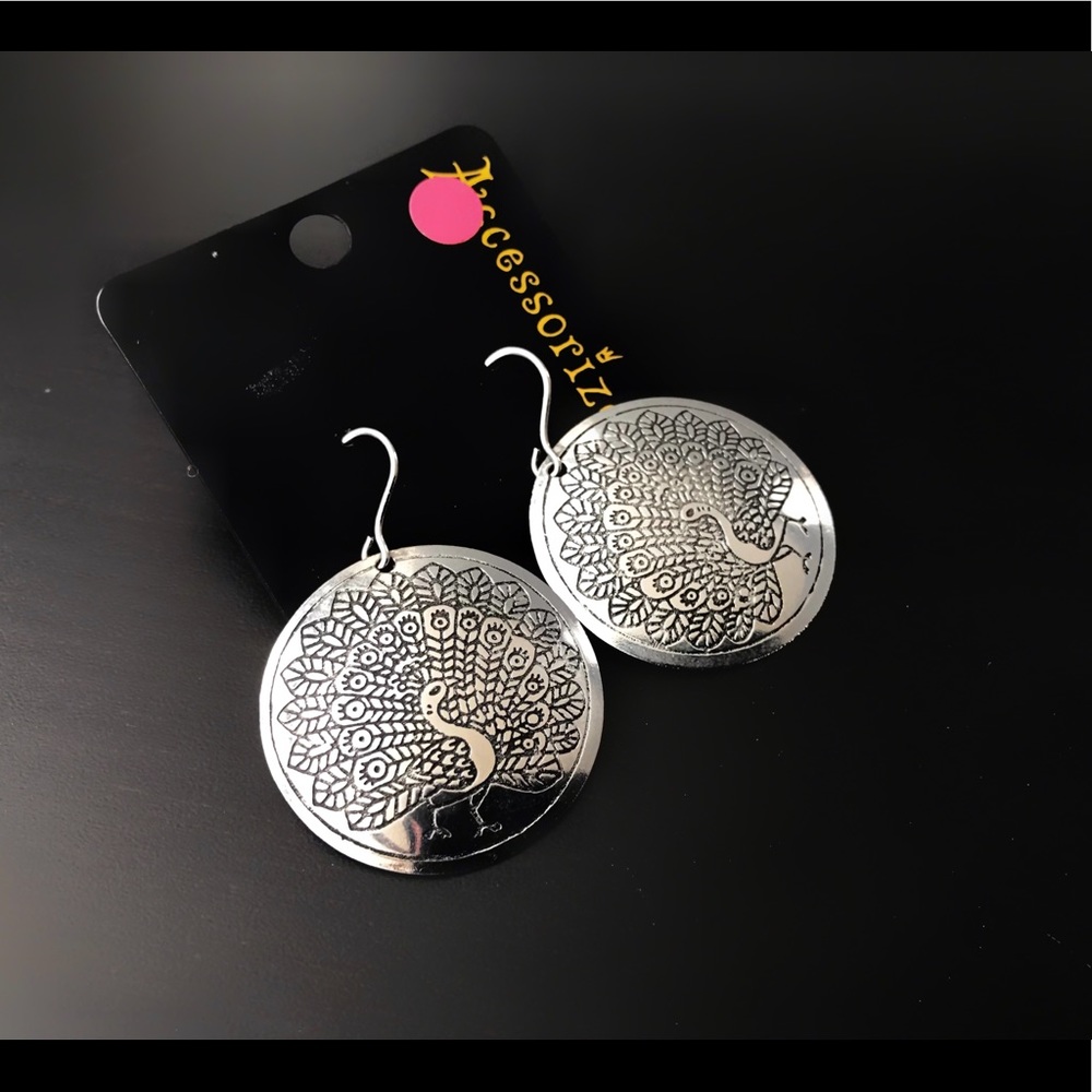 VINTAGE Peacock Engraved Silver Earrings